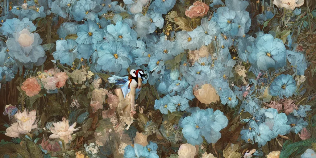 Image similar to breathtaking detailed concept art painting of goddesses of light blue flowers with anxious piercing eyes and vintage illustration pattern background blend of flowers and fruits and birds, by hsiao - ron cheng and beto val and john james audubon, bizarre compositions, exquisite detail, extremely moody lighting, 8 k
