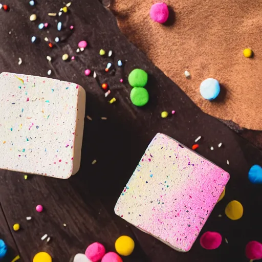 Prompt: photograph of a delicious marshmallow cube with sprinkles on a dark wooden chopping board, pastel colours, hessian cloth, styled food photography, photorealistic, 4 k, canon 1 d, bohek