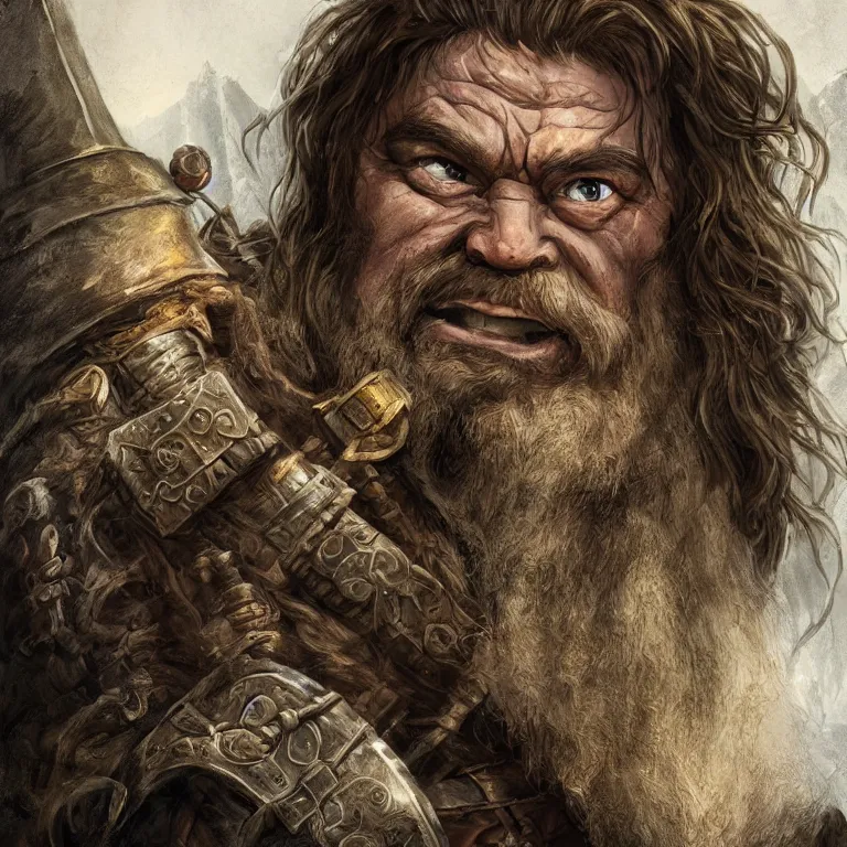 Prompt: dwarf warrior in mountains, lord of the rings style, poster, character portrait, portrait, close up, concept art, intricate details, highly detailed, full body, 8 k