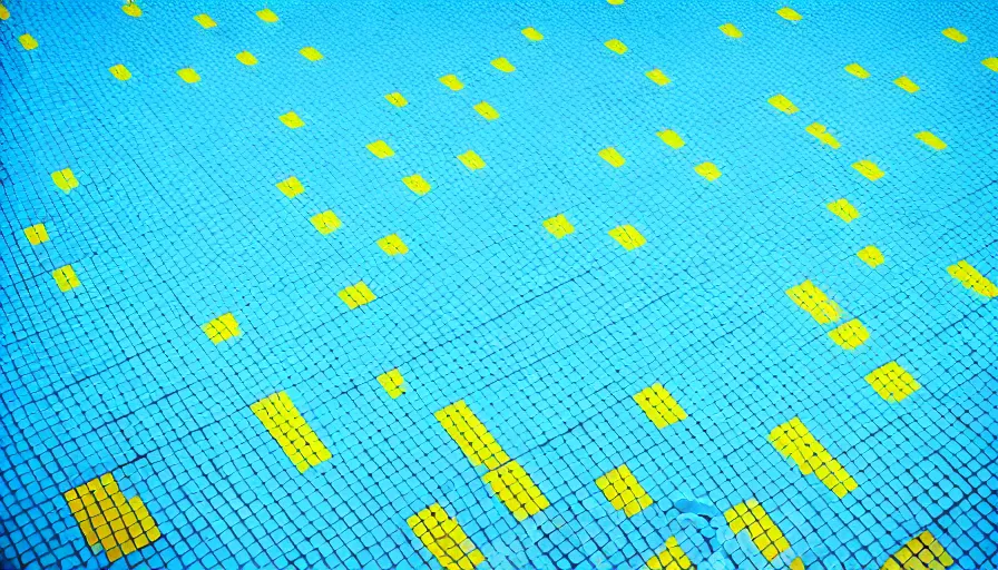 Image similar to movie still of an empty municipal swimmingpool with yellow tiles with light blue tiles, high quality, high detail, liminal space style