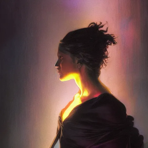 Image similar to concept art painting of beautiful figure the called the moonbow queen black cloak, a rainbow in the dark, colorful, by Michael Whelan, William Adolphe Bouguereau, and Donato Giancola, cyberpunk, artstation, extremely moody lighting, glowing light and shadow, atmospheric, shadowy, cinematic, 8K