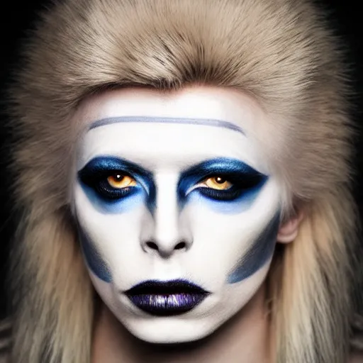 Prompt: A white wolf with David Bowie makeup, portrait, dark bg