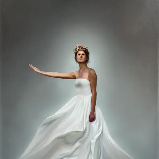 Prompt: hyperreal painting of a young woman in a white dress, she is floating in the air, intense lighting from behind, a crown is on her head