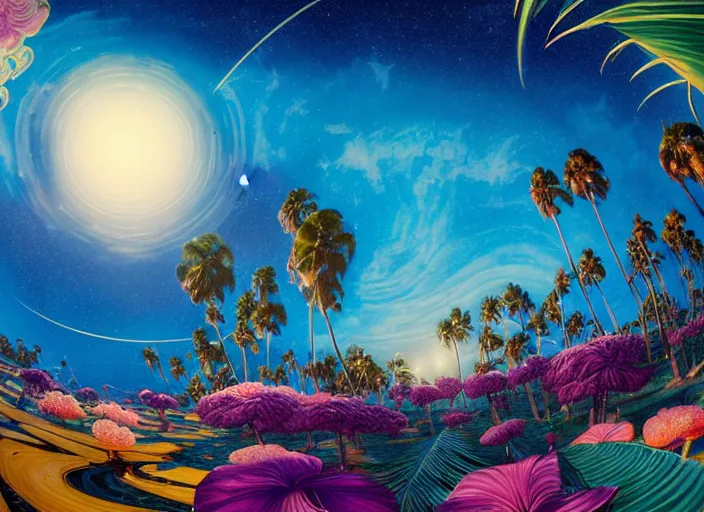 Prompt: harmony of swirly clouds, starry night, deep blue night sky, tropical island, palm trees, flowers, fish eye effect, ufos in the sky, by wlop, james jean, victo ngai! muted colors, highly detailed, fantasy art by craig mullins, thomas kinkade