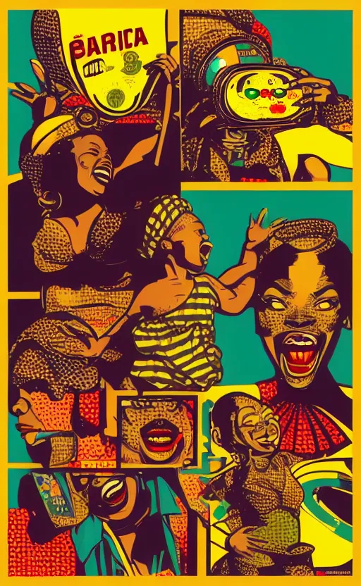 Image similar to mama africa laugh at her child!!! pop art, pixel, bioshock, gta chinatown, artgerm, richard hamilton, mimmo rottela, julian opie, aya takano, intricate, object separated