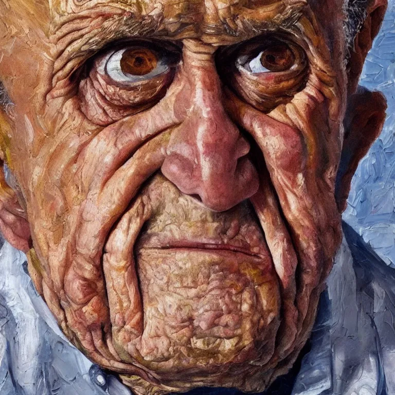 Image similar to warmly lit close up studio portrait of aging angry!! old Rudy Giuliani age 115 wrinkled furious, impasto oil painting thick brushstrokes by Lucian Freud and Cy Twombly and Tim Hawkinson , trending on artstation dramatic lighting Expressionism