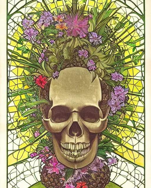 Image similar to centered Carved ancient skull with pineapple leaves growing out of the top art surrounded by varities of flowers, cell shading, voronoi, fibonacci sequence, sacred geometry by Alphonse Mucha, Moebius, hiroshi yoshida, Art Nouveau, colorful, ultradetailed, vivid colour, 3d