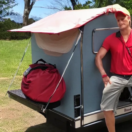 Image similar to a man who is a combination of woody Harrelson and Mathew McConaughey is wearing a red bandana and trying to sell you a tent trailer