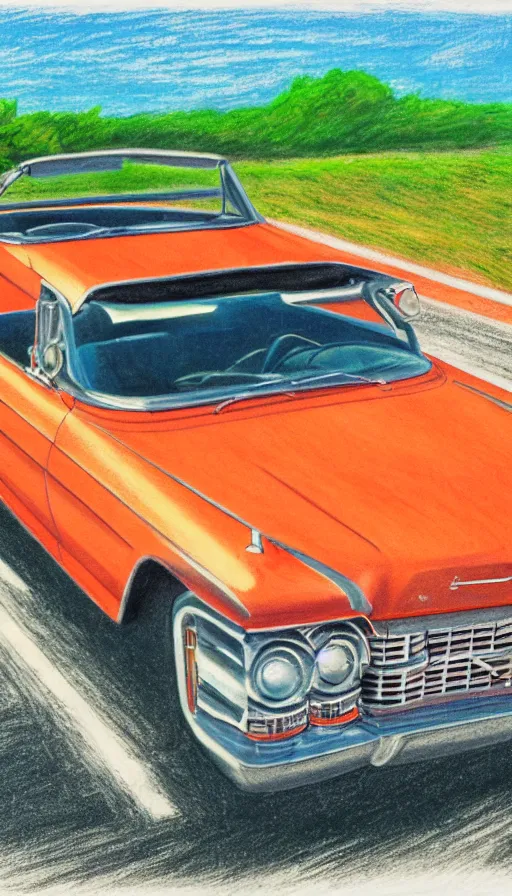 Image similar to far away, top down shot, 1 9 6 3 cadillac convertible driving down empty highway into a bright orange sunrise, oil pastel, high detail, realistic, vintage, sepia