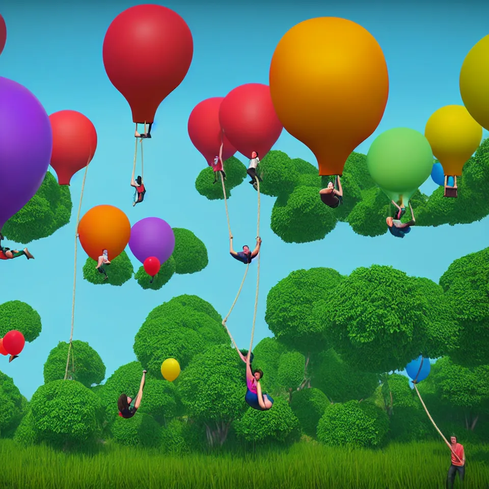 Image similar to large colorful balloons with people on rope swings underneath, flying high over the landscape, realistic, detailed, digital art, unreal engine