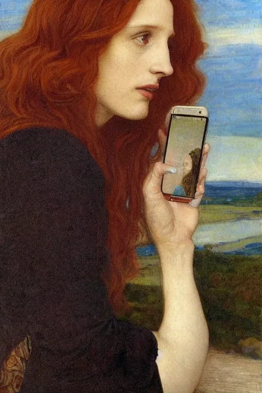 Image similar to a pre raphaelite painting of jessica chastain lazily looking at her iphone by dante gabriel rossett