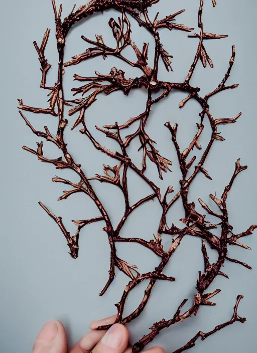 Image similar to many intricate twigs and leaves make the outline of a person, flowers, realistic, cinematic photography
