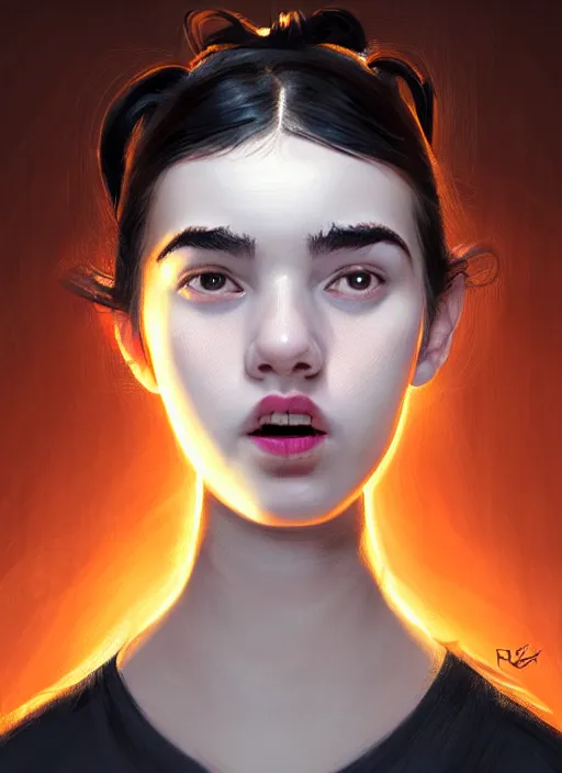 Image similar to portrait of teenage girl, narrow face, black hair and eyebrows, bangs, half updo hairstyle, buck teeth, unattractive, defined jawline, long chin, smile, hair bow, intricate, elegant, glowing lights, highly detailed, digital painting, artstation, concept art, sharp focus, illustration, art by wlop, mars ravelo and greg rutkowski