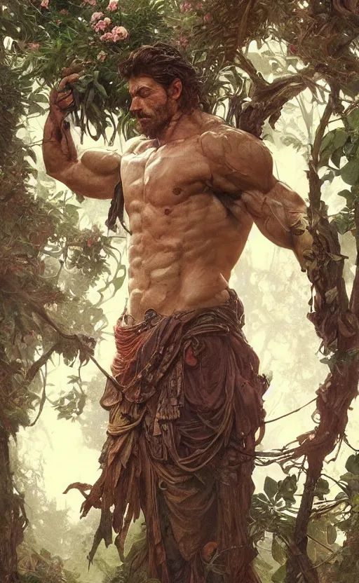 Image similar to god of the forest, 3 0 years old, rugged, male, gorgeous, detailed face, amazing, full body, flowers, muscular, intricate, highly detailed, digital painting, artstation, concept art, sharp focus, illustration, art by greg rutkowski and alphonse mucha