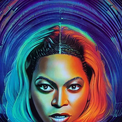 Prompt: beyonce in the style of a 7 0 s science fiction novel cover, highly detailed, bruce pennington, peter jones