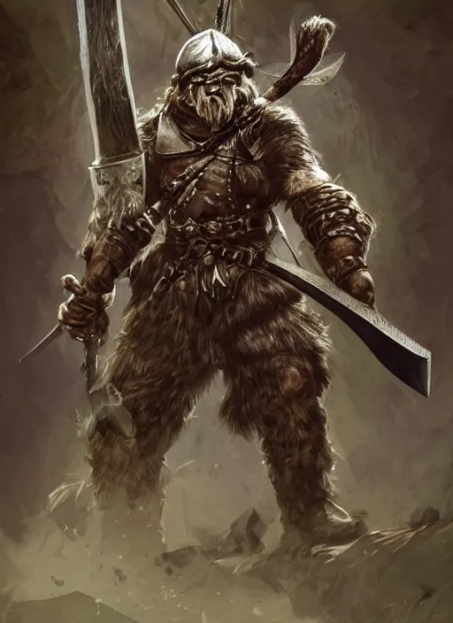 Image similar to strong young man, photorealistic bugbear ranger holding aflaming sword, black beard, dungeons and dragons, pathfinder, roleplaying game art, hunters gear, jeweled ornate leather and steel armour, concept art, character design on white background, by alan lee, norman rockwell, makoto shinkai, kim jung giu, poster art, game art