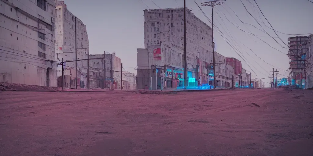 Image similar to photo of city street neon on mars, norilsk city, telephoto, anamorphic cinematography, beautiful composition, color theory, leading lines, photorealistic, moody volumetric lighting