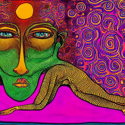 Prompt: a psychedelic illustration of my lehrman doing yoga, medium long brown orange hair, green eyes, round face, thin eyebrows, modern art, purple, pink, green, yellow, orange, dramatic, intricate, detailed, art by famous artist