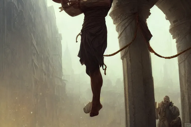 Image similar to a man tied to a pillar, highly detailed, hyperrealistic digital painting, artstation, concept art, smooth, sharp focus, illustration, cinematic lighting, art by artgerm and greg rutkowski and alphonse mucha