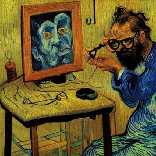 Prompt: grumpy software dev working on a pair of spectacles, surreal, dali, van gogh