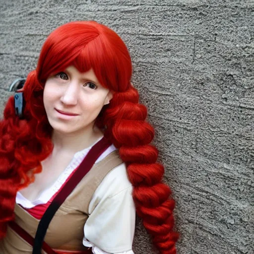Prompt: woman with long curly red hair in villager cosplay from super smash brothers. beautiful. relaxed. realistic photo. cosplay photoshoot. high detail. convention photo.
