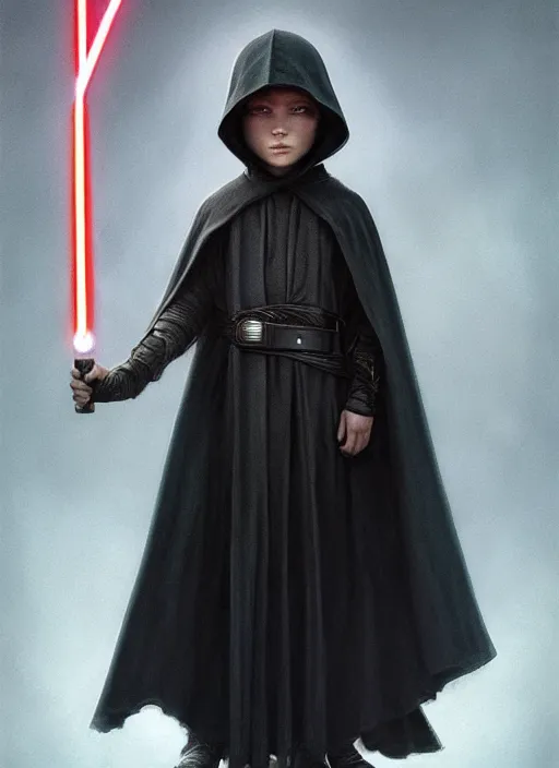 Image similar to perfectly - centered - portrait of a kid wearing black cloak holding light saber, intricate, highly detailed, digital painting, artstation, concept art, smooth, sharp focus, illustration, unreal engine 5, 8 k, art by artgerm and greg rutkowski and alphonse mucha