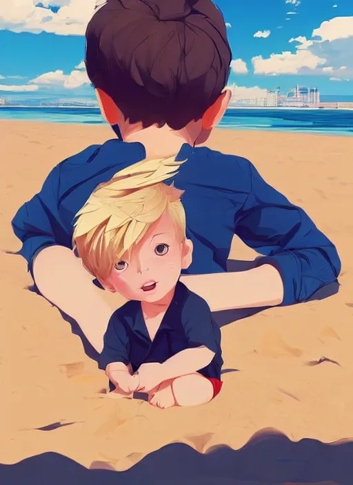 Image similar to a little boy with tousled blonde hair sitting on the beach. clean cel shaded vector art. shutterstock. behance hd by lois van baarle, artgerm, helen huang, by makoto shinkai and ilya kuvshinov, rossdraws, illustration, art by ilya kuvshinov