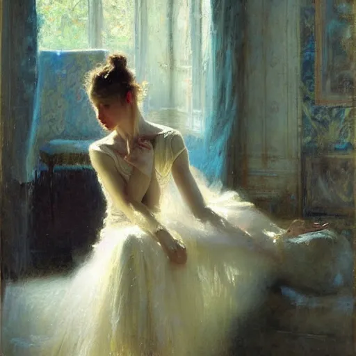 Image similar to portrait of a emotional dancer practicing alone, soft window light, long shadows, by gaston bussiere, jeremy mann.