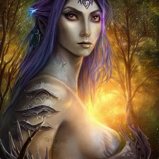 Image similar to masterpiece digital painting portrait of tyrande whisperwind, close view, moonlight, elf forest background, at night, by luis royo, warcraft, artstation, deviantart, unreal engine, 8 k, cinematic lights