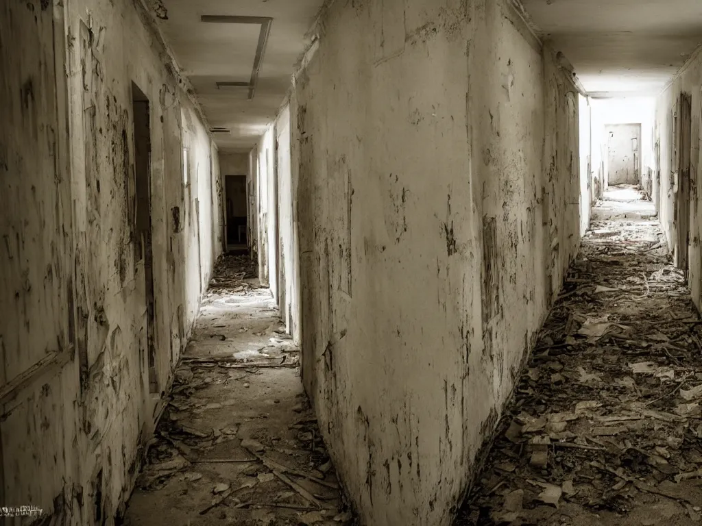 Image similar to a haunted asylum with long hallways, abandoned