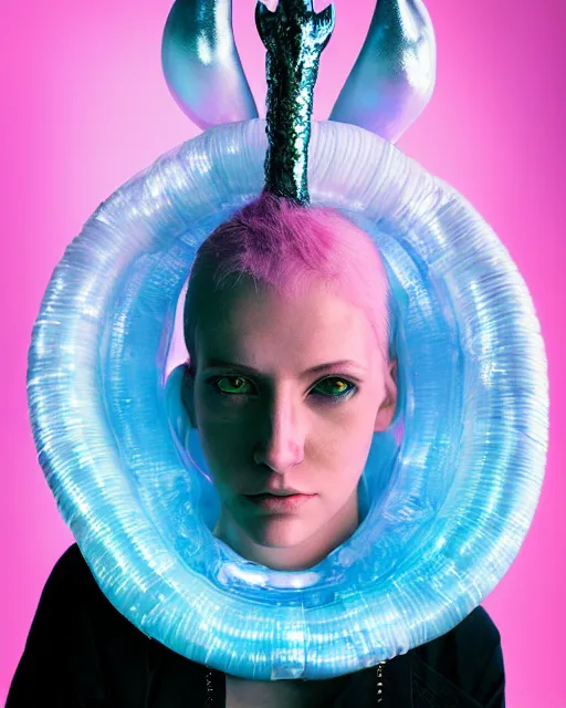 Prompt: natural light, soft focus portrait of a cyberpunk anthropomorphic narwhal with soft synthetic pink skin, blue bioluminescent plastics, smooth shiny metal, elaborate ornate head piece, piercings, skin textures, by annie leibovitz, paul lehr