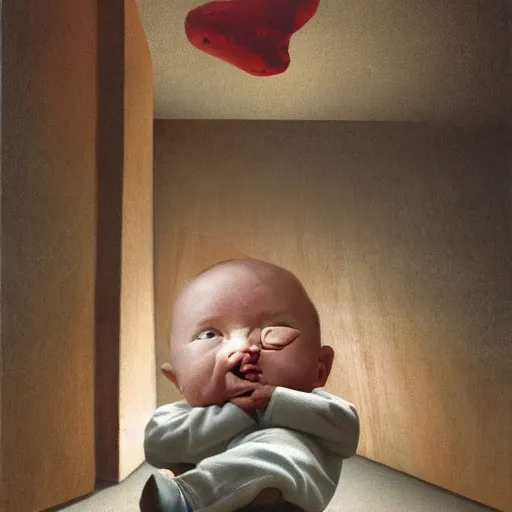 Prompt: a big head baby in floor inside a dark house, surrealism