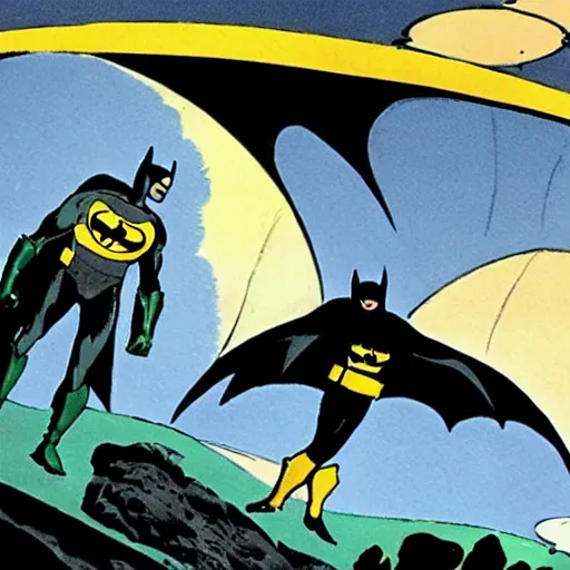 Prompt: batman watching a ufo land, planets in the sky