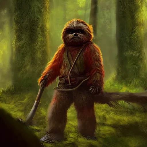 Prompt: a hard working ewok sweeping the forest floor, artstation, colorful