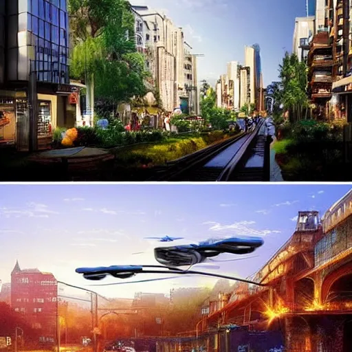 Prompt: a very beautiful eco - friendly environmental future!!! city cityscape, flying cars and alleviated trains and solar power, lots of plants and flowers, sunrise, style of olidon redon