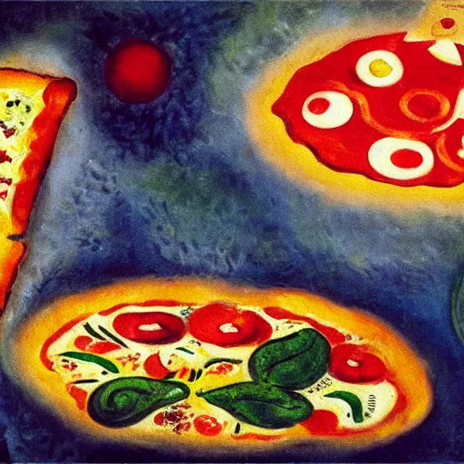 Prompt: oil painting of a pizza by chagall