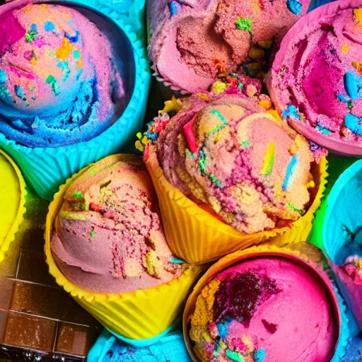 Image similar to colorful icecream, chocolate, icing, sweet, topping, very detailed, food photography, 4 k