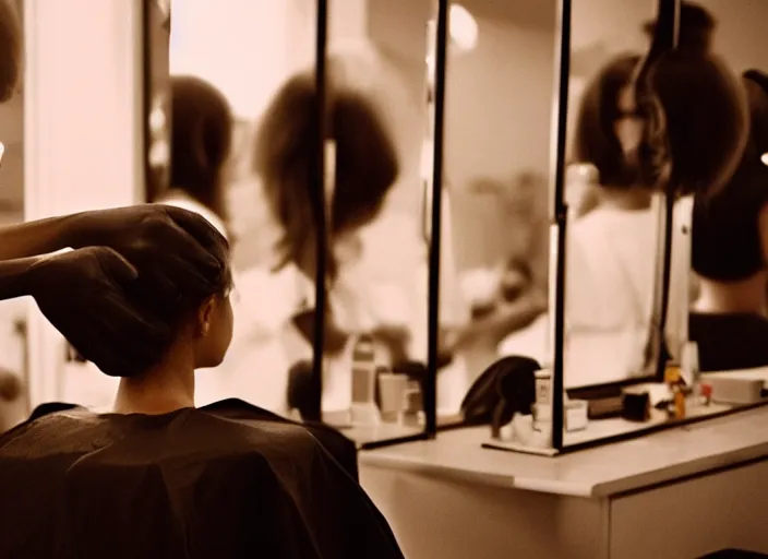 Prompt: a 3 5 mm photo from the back of a woman getting her hair done at the hairdresser in the 1 9 6 0 s, bokeh, canon 5 0 mm, cinematic lighting, dramatic, film, photography, golden hour, depth of field, award - winning, 3 5 mm film grain