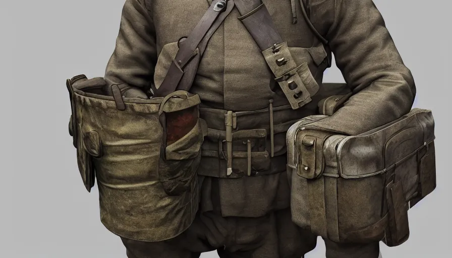 Prompt: world war 1 soldier, armor, chest, military pouch, military bag, belt, military, Artstation, concept design art, in the style of piotr yablonski and norman rockwell, Octane render, 8K