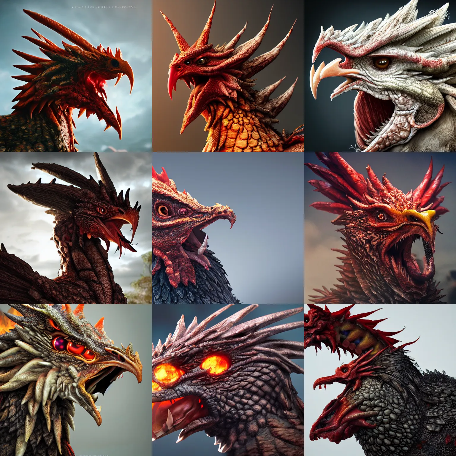 Prompt: a closeup photorealistic photograph of a chicken dragon from hell. professional capture, well lit shot. hellfire. trending on artstation, featured on behance, well - rendered, extra crisp, features intricate detail, epic composition and the style of unreal engine.