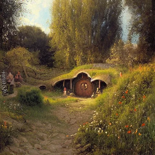 Image similar to Hobbiton painted by Ivan Kramskoi