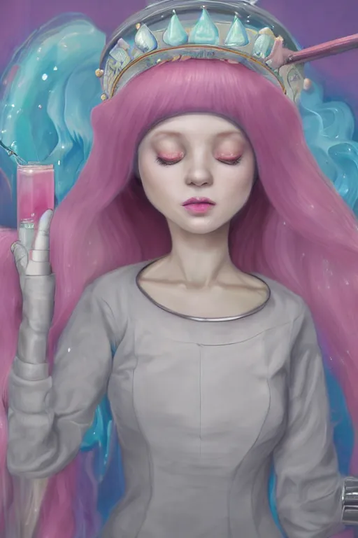 Image similar to highly detailed, industrial portrait of beautiful + cute + attractive adult princess bubblegum from adventure time, bubblegum hair with long straight bangs, sapphire gem headdress, experimenting in her science lab, wearing lab coat, depth of field, illustration, concept art by nicoletta ceccoli, mark ryden, lostfish, detailed and intricate environment, 8 k resolution, hyperrealistic, octane render