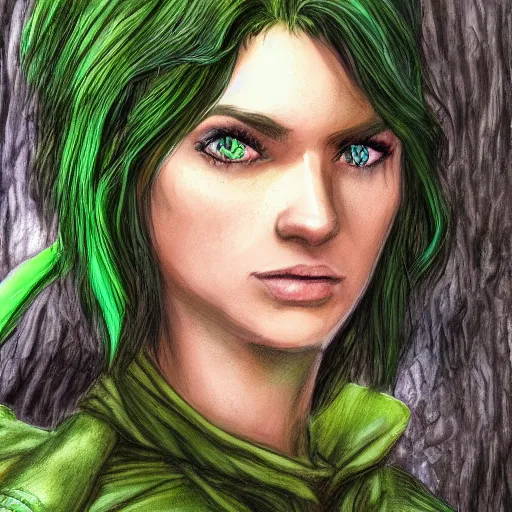 Prompt: portrait of a female dnd ranger, dungeons and dragons, full color, vivid, realistic illustration, upper body close up, dressed in green woodsy clothing