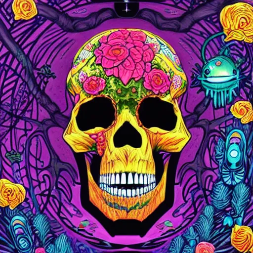 Prompt: ortographic view of a large skull with cybernetic modifications and vivid flowers by Jen Bartel and Dan Mumford and Satoshi Kon, gouache illustration