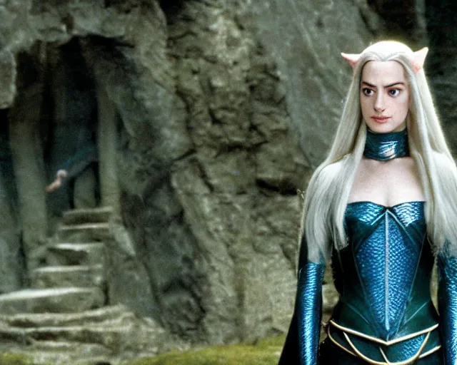 Image similar to anne hathaway as an elf with white hair in lord of the rings, movie still