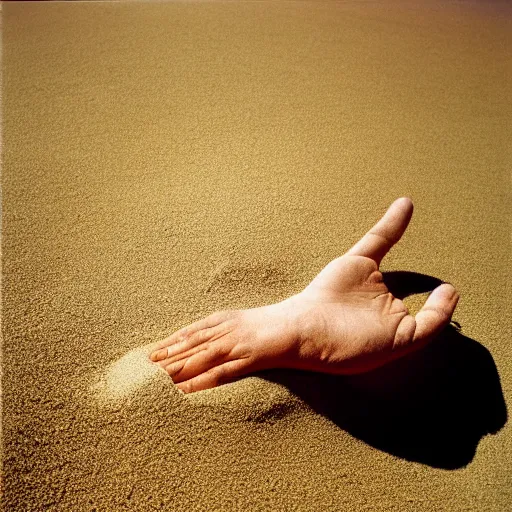 Image similar to chrome hand emerging from sand, high angle view, surrealist album cover art by storm Thorgerson, 1978