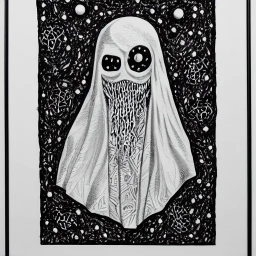 Prompt: sketched ghost made entirely of tiny ghosts, black and white sketch, highly intricate, tiny details, white background, 8 k, maximalist, extremely detailed