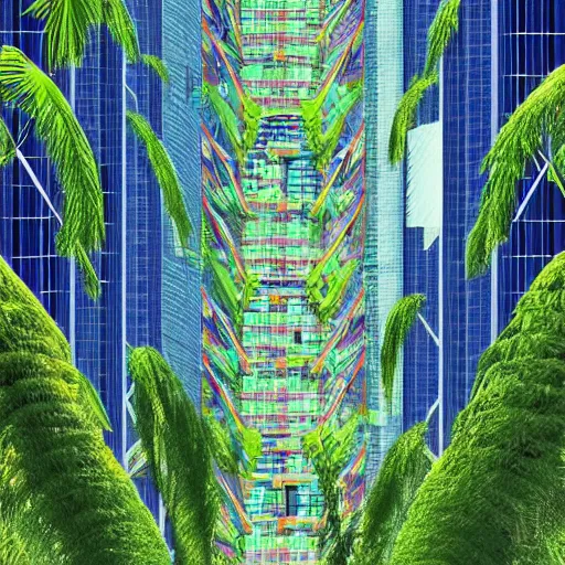 Image similar to a solar punk lush giant plants city, modern architecture by ricardo bofill, city of the jungle, geometry will draw the soul toward the truth and create the spirit of philosophy, galactic nebula, surrealist oil painting