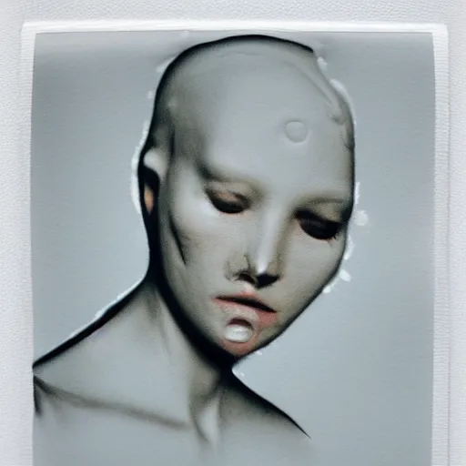 Image similar to a liquid white clay porcelain portrait of a human face melt down flow go runny, realistic detailed watercolor polaroid, grainy image, contrast