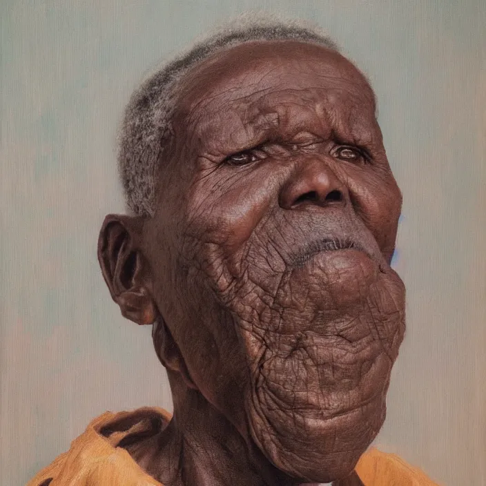 Image similar to a painting of a wise elder from Kenya by Lynette Yiadom-Boakye . dramatic angle, ethereal lights, details, smooth, sharp focus, illustration, realistic, cinematic, artstation, award winning, rgb , unreal engine, octane render, cinematic light, macro, depth of field, blur, red light and clouds from the back, highly detailed epic cinematic concept art CG render made in Maya, Blender and Photoshop, octane render, excellent composition, dynamic dramatic cinematic lighting, aesthetic, very inspirational, arthouse.